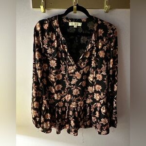 Loft Black Floral Peplum Top Size M